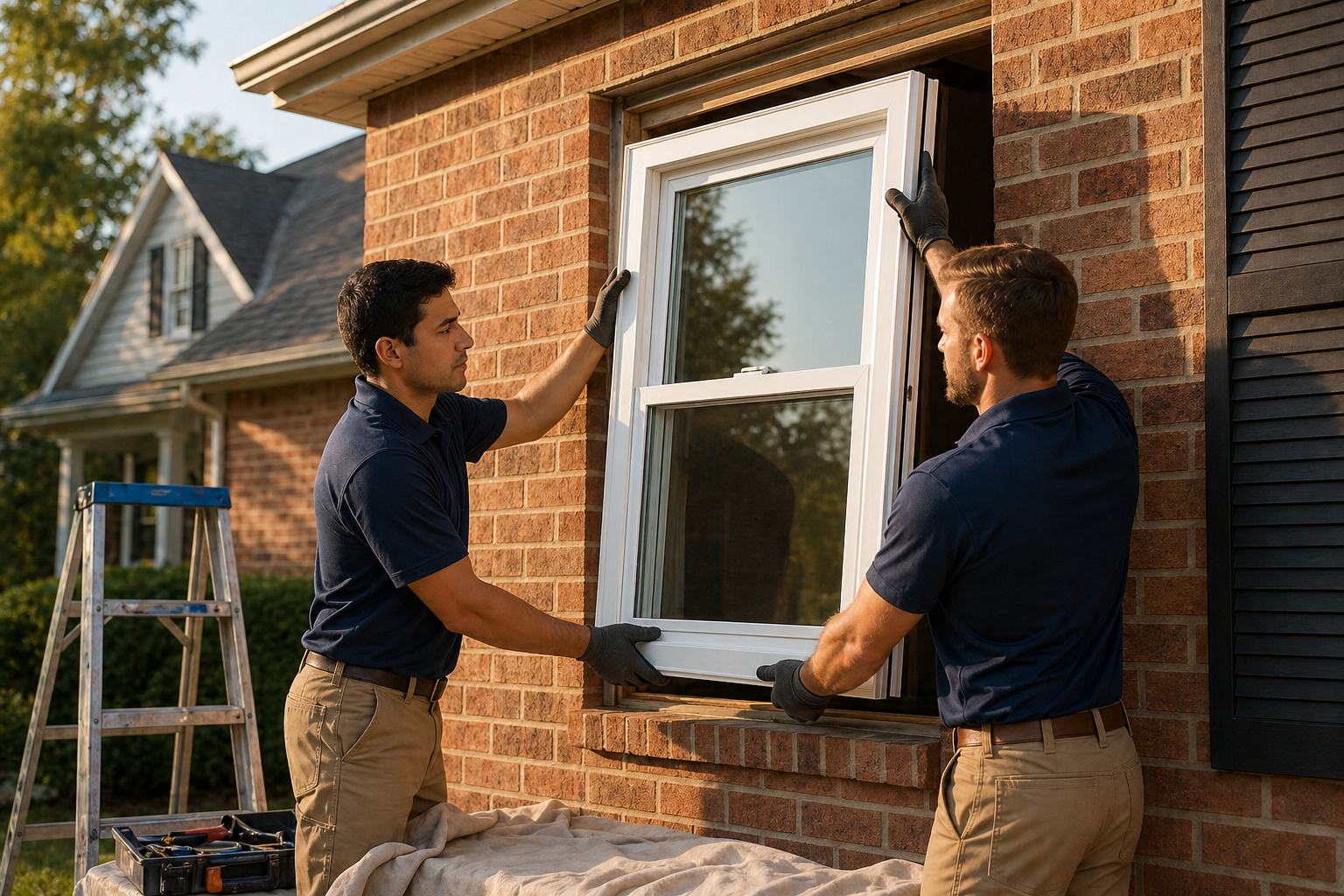 Northstone installers fitting replacement window during exterior renovation
